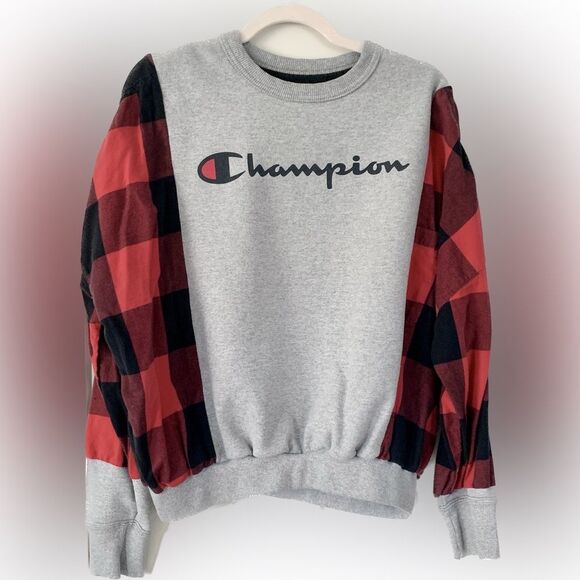 Upcycled Champion Sweatshirt Flannel Sleeves Sz XL - Picture 1 of 5
